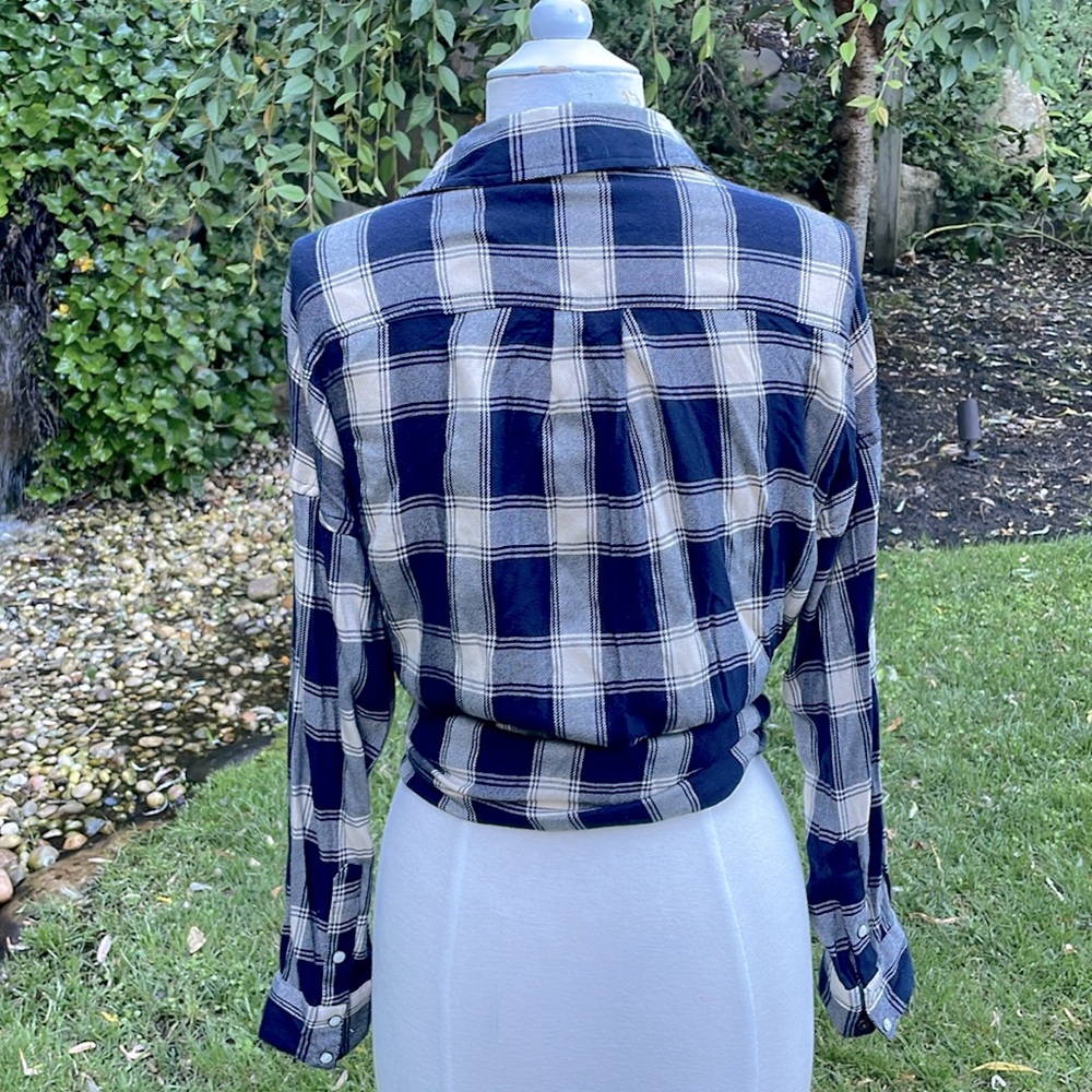 ZARA BASIC DENIM EMBELLISHED BLUE PLAID LONG SLEEVE TOP -XS ππ€© - Picture 6 of 12